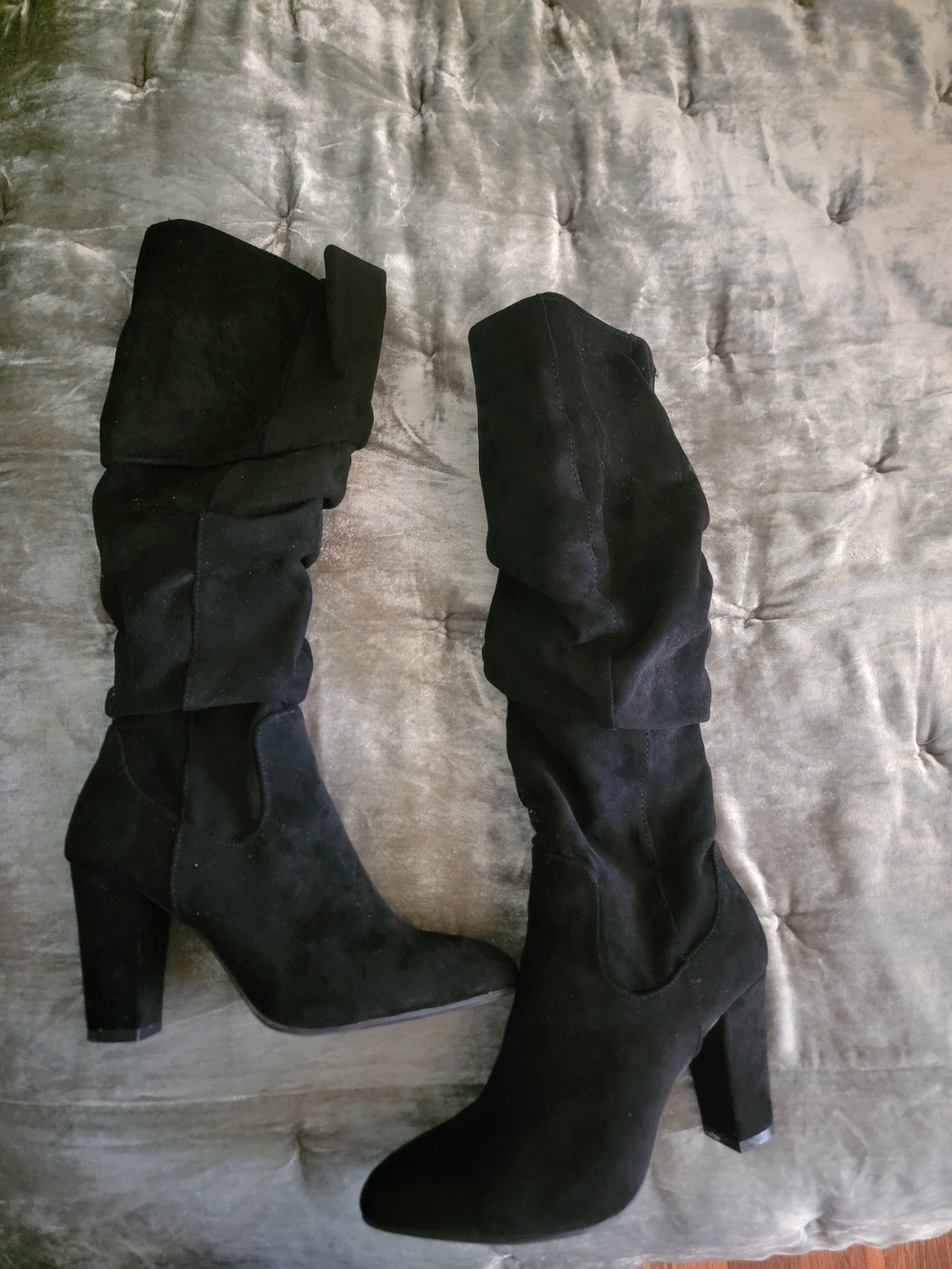 Classic Black Suede Slouch Knee-High Block Heel Boots